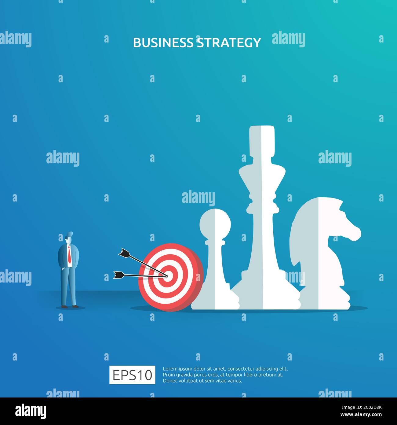 Concetto di business per obiettivi di raggiungimento, piano di visione, e gestione. Investimento riuscito reddito utile strategia di gestione con scacchi, carattere Illustrazione Vettoriale