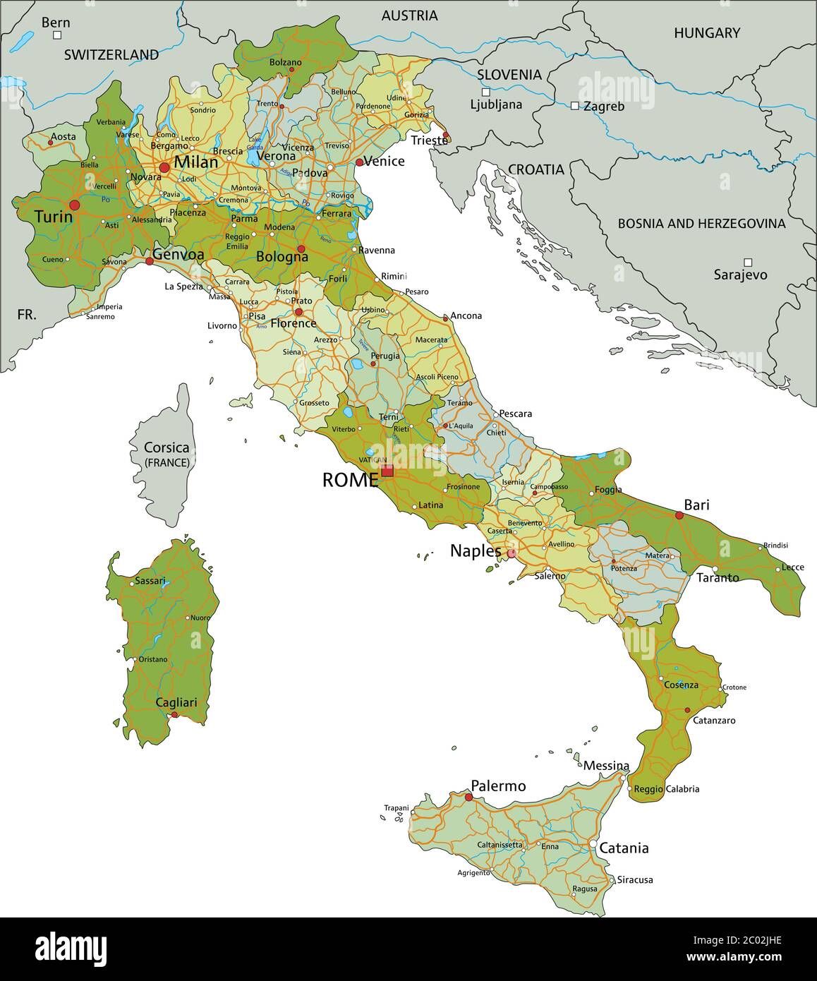Mappa politica modificabile con livelli separati e molto dettagliata. Italia. Illustrazione Vettoriale