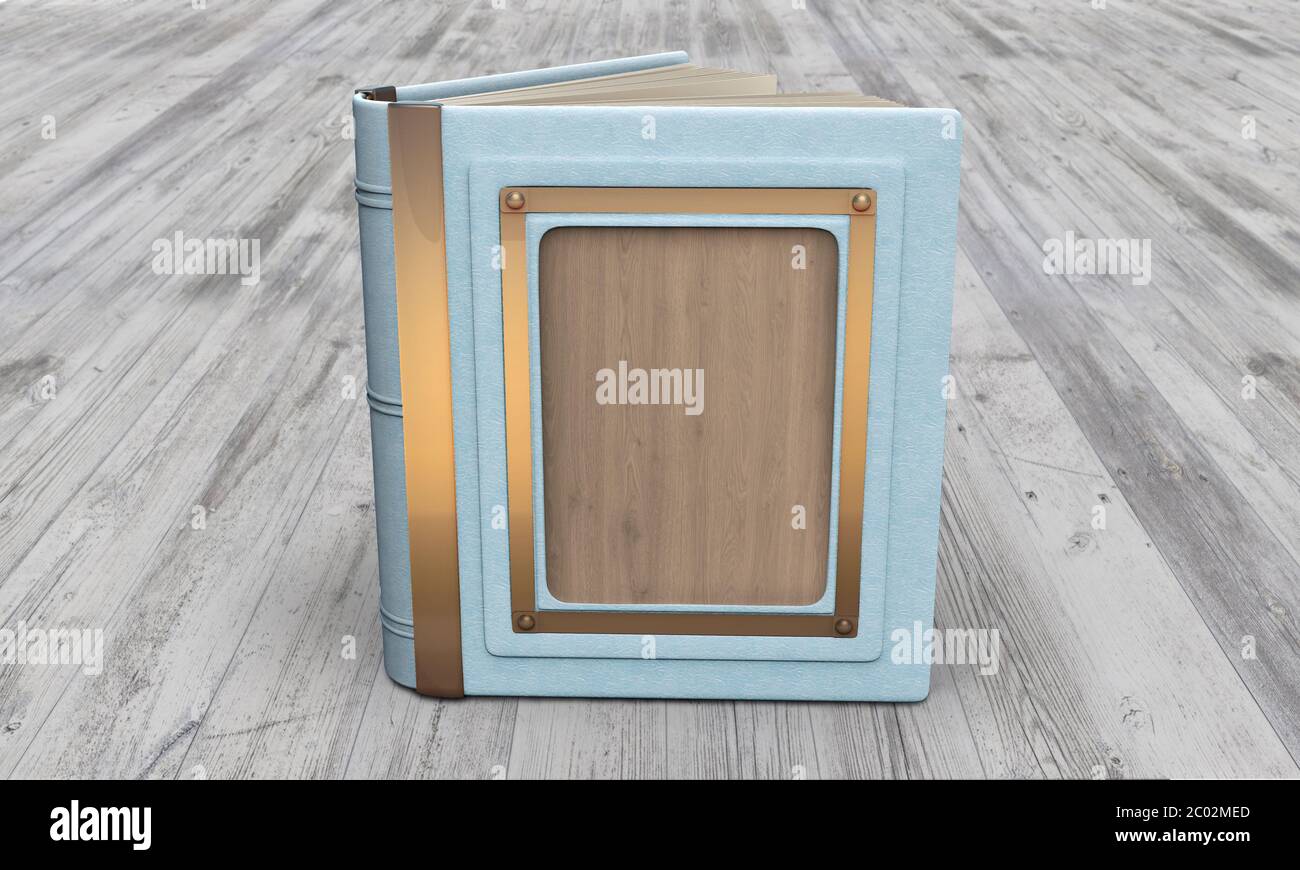 Mockup di un libro elegante con un inserto di legno. Un libro aperto in pelle blu su un tavolo di legno chiaro. Rendering 3D Foto Stock