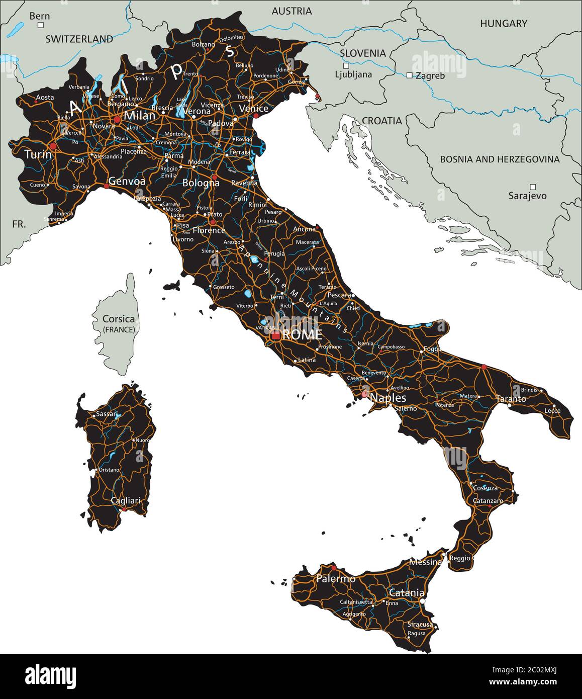Mappa stradale dettagliata dell'Italia con etichettatura. Illustrazione Vettoriale