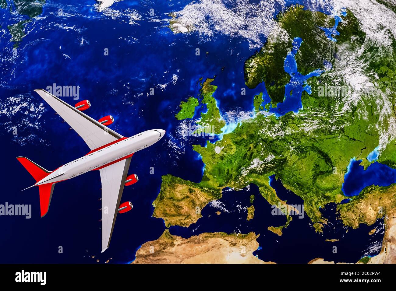Mappa del continente europeo con vista dall'alto di aeroplano o aereo di linea. Illustrazione del rendering 3D. Volo in Europa, viaggi e industria dei trasporti. Ma Foto Stock