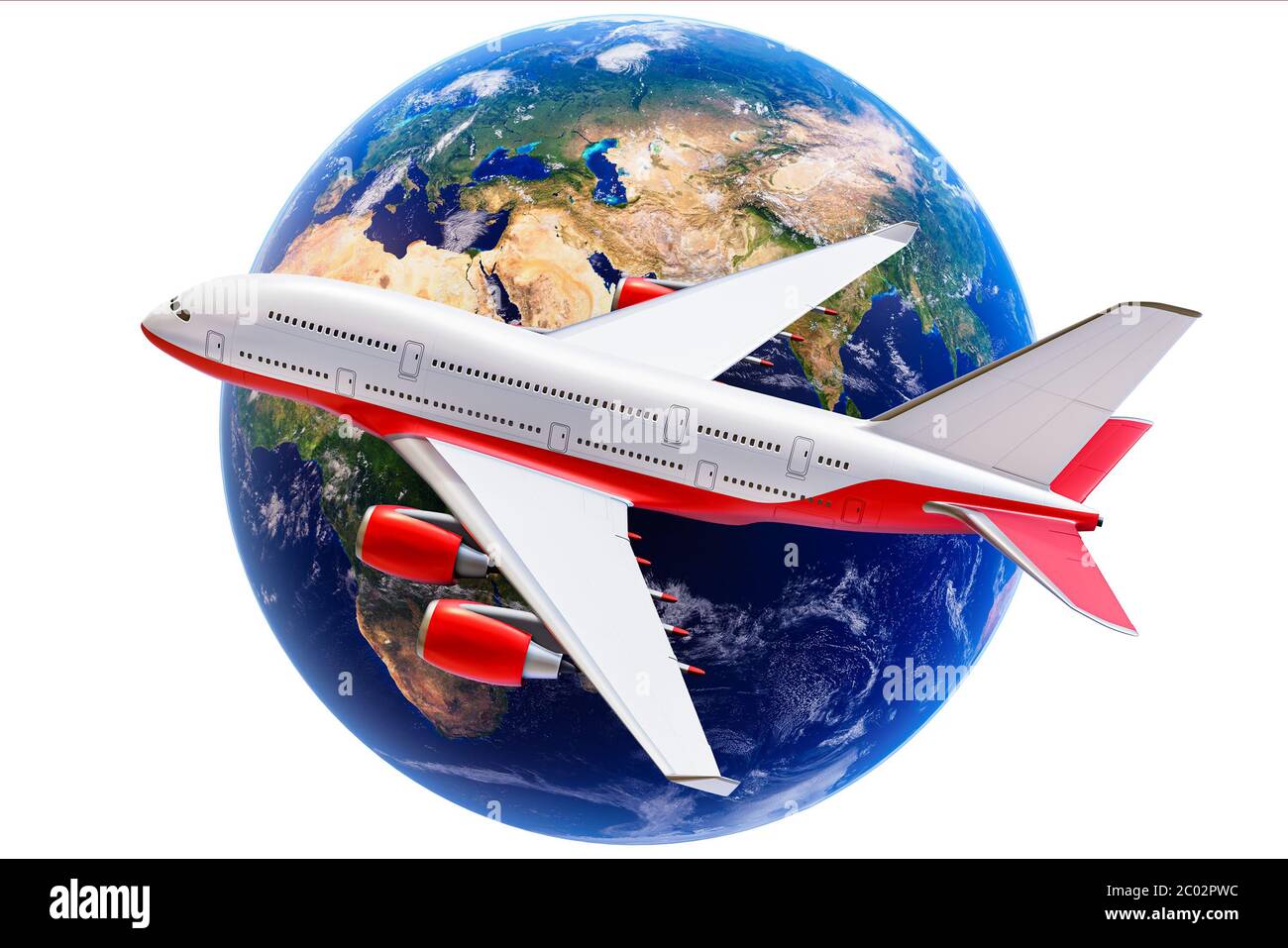 Vista laterale dell'aereo e Terra isolata su sfondo bianco illustrazione del rendering 3D.trasporto globale, viaggi in tutto il mondo e industria turistica con Foto Stock