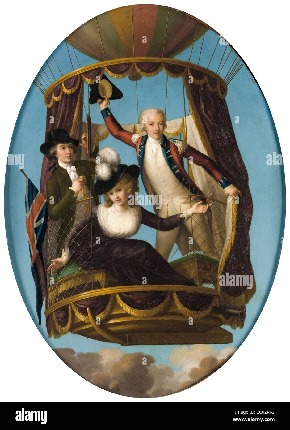 Il capitano Vincenzo Lunardi con il suo assistente George Biggin e la signora Letizia Anne Sage in mongolfiera, dipinto di John Francis Rigaud, 1785 Foto Stock