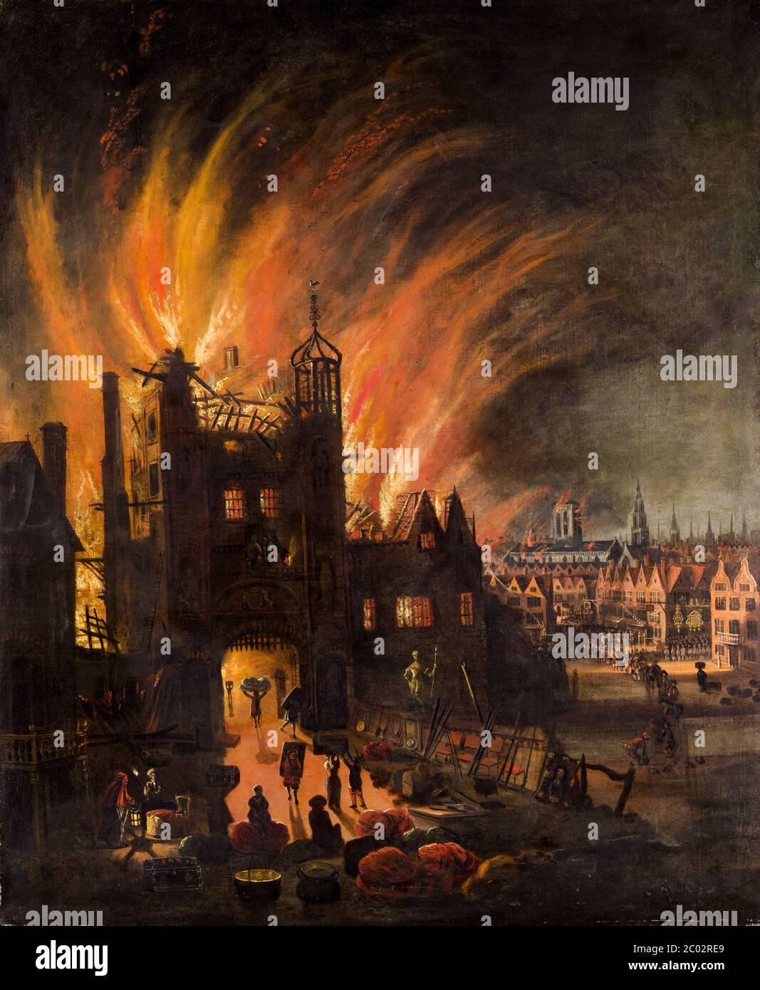 Il Grande incendio di Londra con Ludgate e Old St Paul, dipinto da artista sconosciuto, circa 1670 Foto Stock