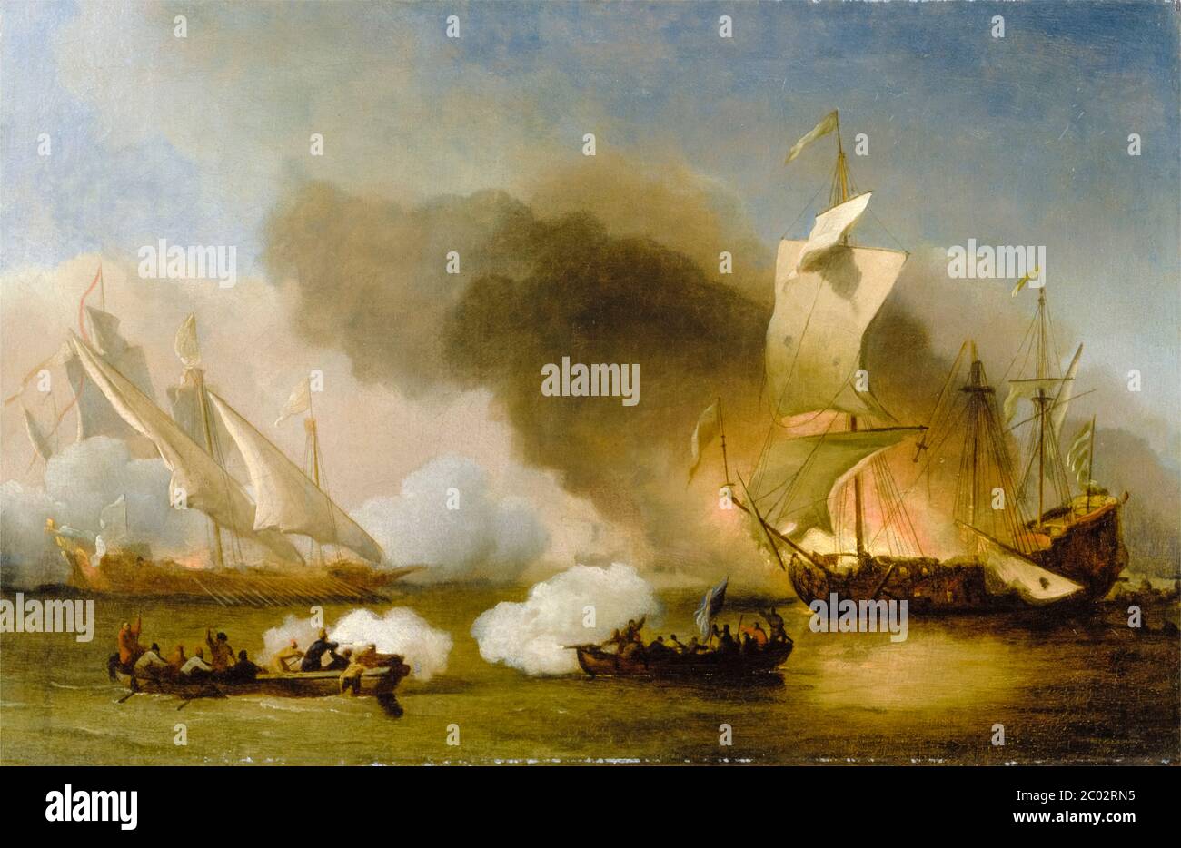 Un'azione tra navi inglesi e Barbary Corsairs (Barbary Pirates), dipinto di Willem van de Velde il giovane, circa 1695 Foto Stock