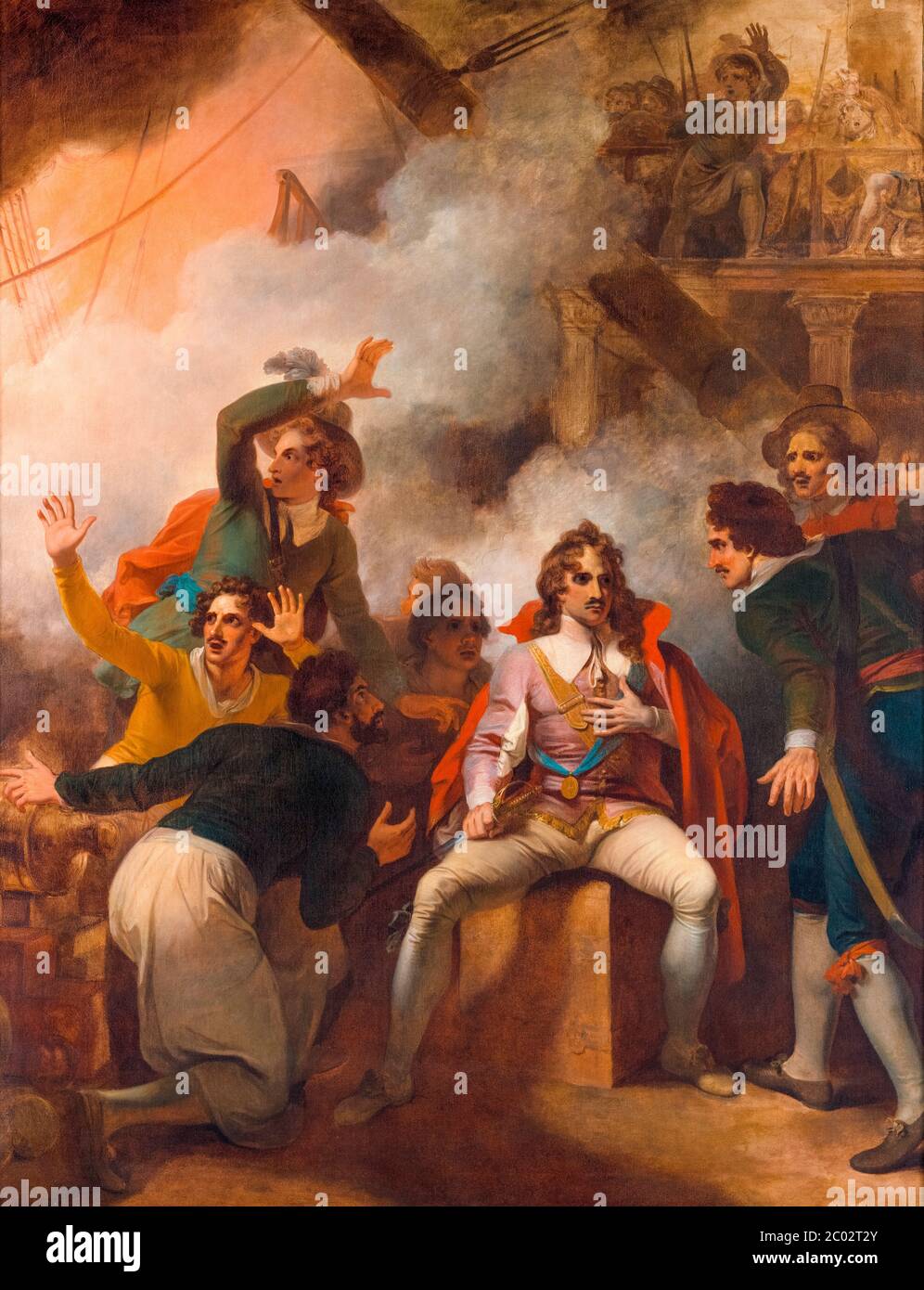 Il conte di Sandwich rifiutò di abbandonare la sua nave durante la battaglia di Solebay (7 giugno 1672), dipinto di Robert Smirke, 1793 Foto Stock