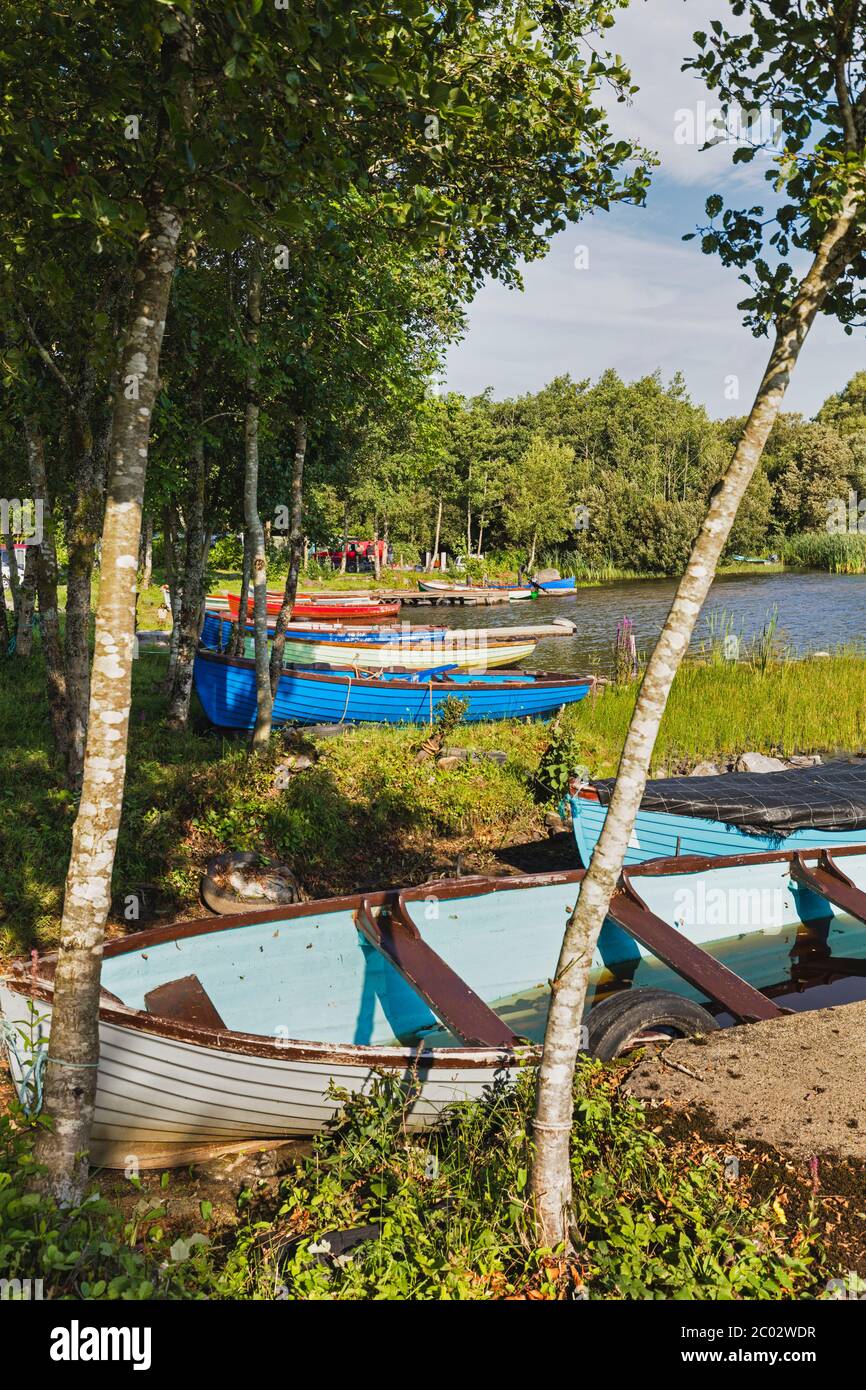 Barche a remi ormeggiate sulla riva di Lough Corrib vicino a Derrymoyle, nel Connemara, Contea di Galway, Repubblica d'Irlanda. Eire. Foto Stock