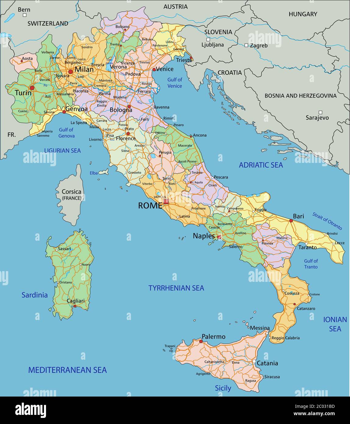 Italia - Mappa politica modificabile e molto dettagliata con livelli separati. Illustrazione Vettoriale