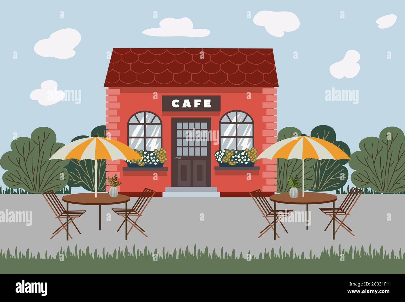 Street Cafe. Caffetteria. Paesaggio urbano estivo. Illustrazione vettoriale piatta Illustrazione Vettoriale