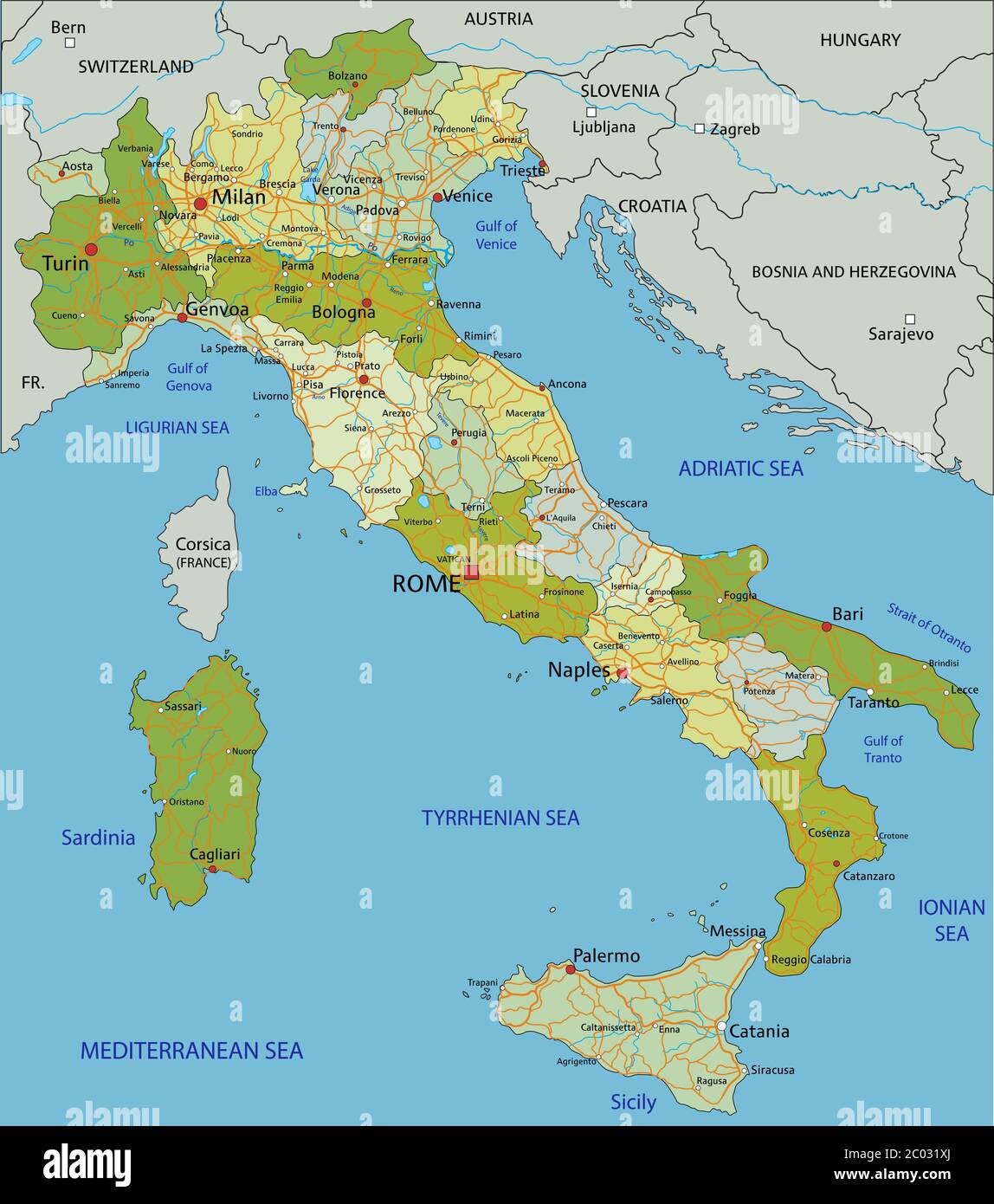 Mappa politica modificabile con livelli separati e molto dettagliata. Italia. Illustrazione Vettoriale