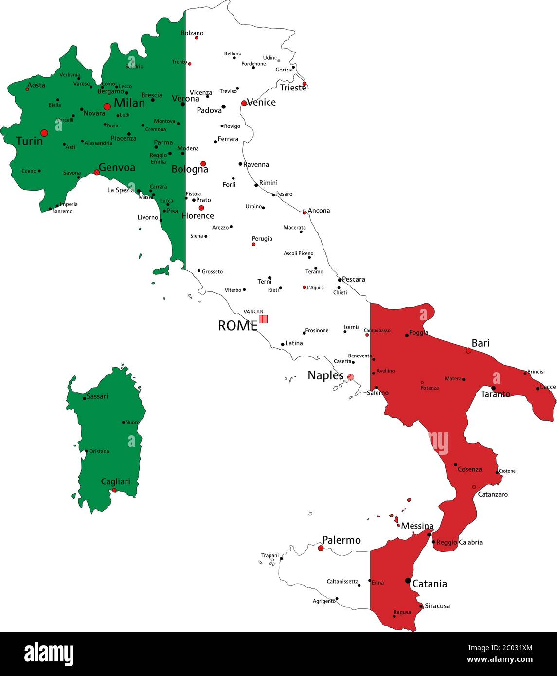 Italia Mappa politica molto dettagliata con bandiera nazionale isolata su sfondo bianco. Illustrazione Vettoriale
