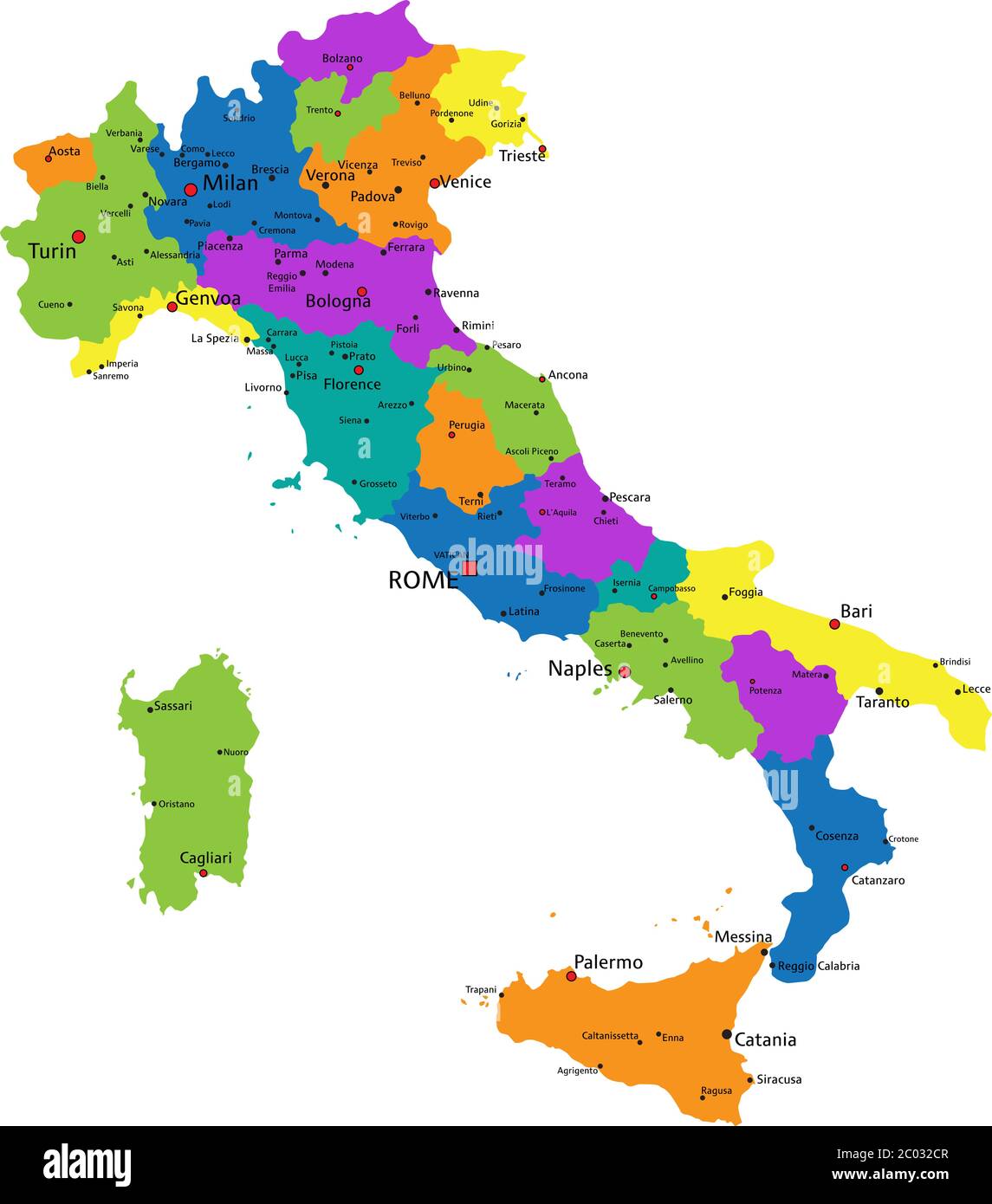 Mappa politica italiana colorata con strati chiaramente etichettati e separati. Illustrazione vettoriale. Illustrazione Vettoriale