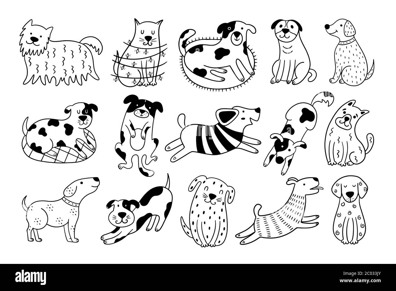 Raccolta di cani carini. Set di 15 animali domestici da barbetta su sfondo bianco. Illustrazione vettoriale disegnata a mano con cani bianchi e neri. Illustrazione Vettoriale