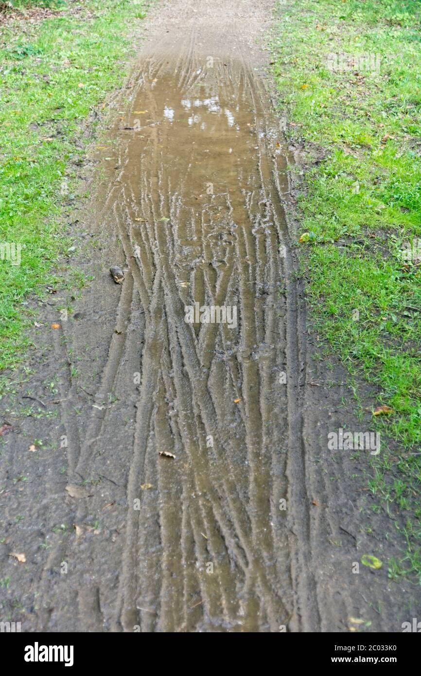 Pista ciclabile fangosa con piste per pneumatici Foto Stock