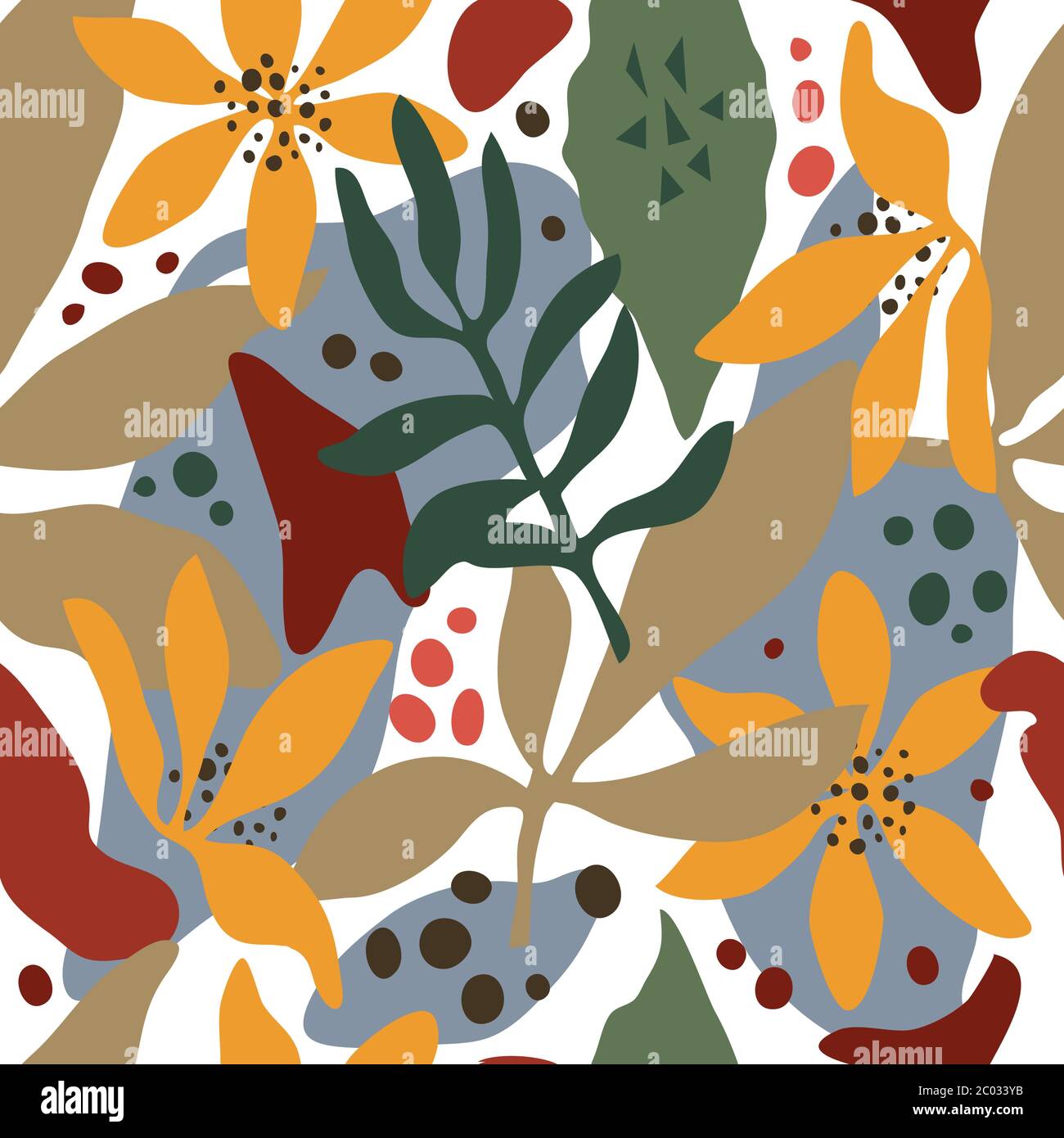 Modello senza giunture vettoriale disegnato a mano. Foglie, forme astratte, colori brillanti. Sfondo bianco Illustrazione Vettoriale