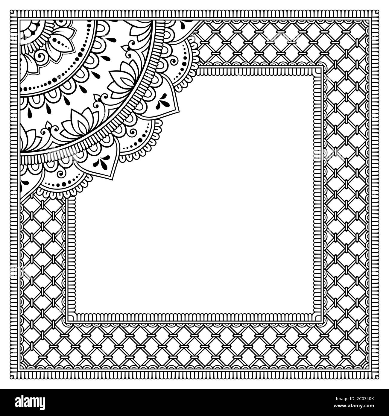Stilizzato con motivo decorativo tatuaggi henné per decorare copertine per libro, taccuino, scrigno, rivista, cartolina e piegatrice. Mandala e confine in Illustrazione Vettoriale