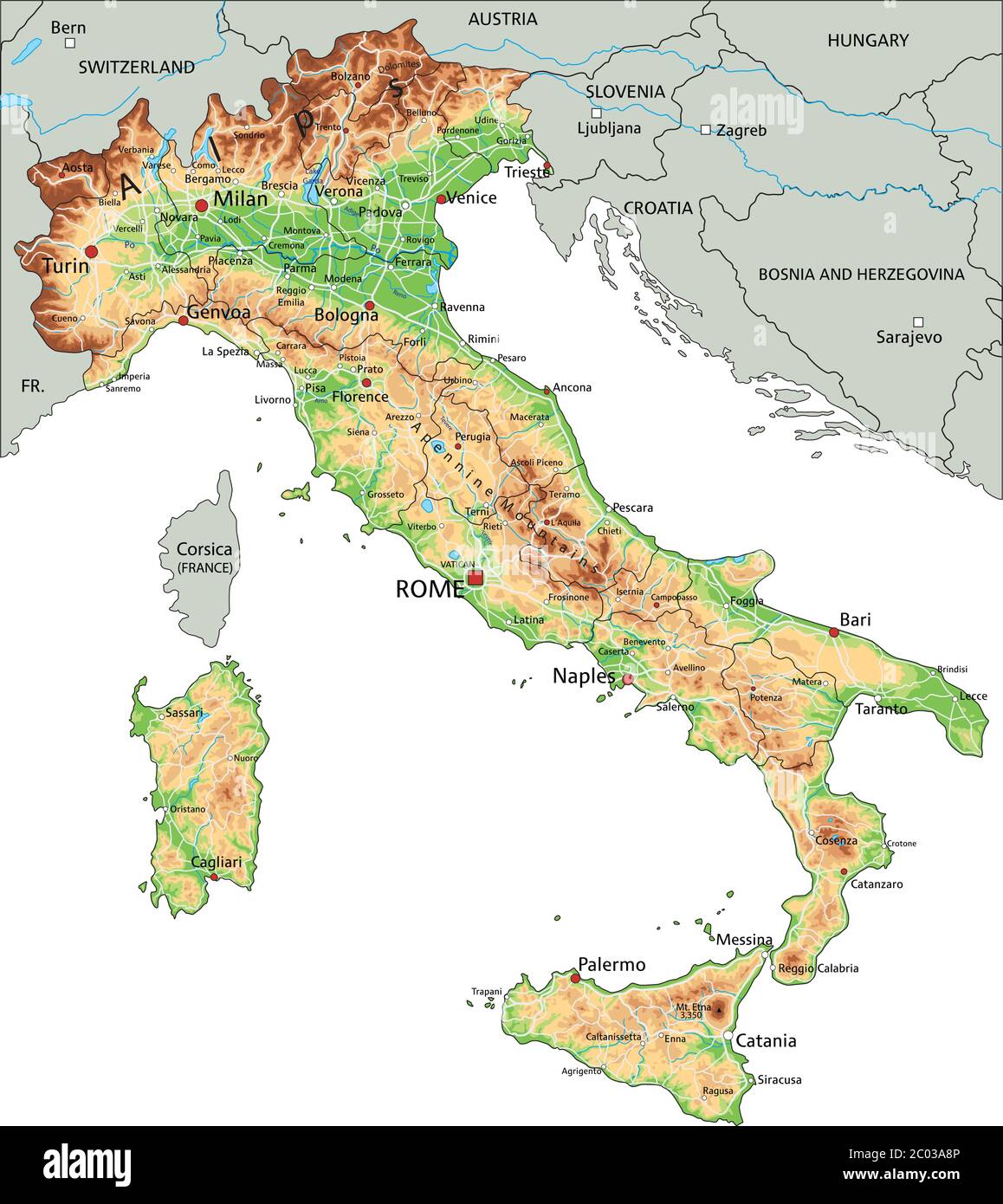 Mappa fisica dell'Italia con etichettatura. Illustrazione Vettoriale