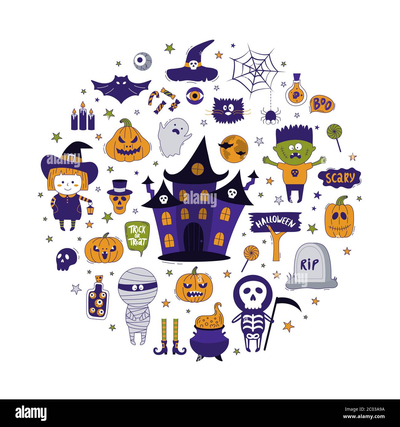 Collezione oggetti arrotondati di Halloween. Concetto vettoriale disegnato a mano con zucche, lapide, cranio, mummia, strega, casa fantasma, mostro, ecc. può essere utilizzato Illustrazione Vettoriale