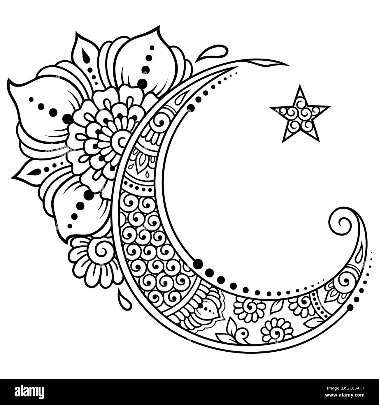 Simbolo religioso islamico della Stella e della Mezzaluna con fiore in stile mehndi. Segno decorativo per la produzione e tatuaggi. Significante musulmano orientale. Illustrazione Vettoriale