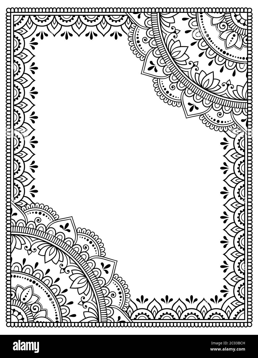 Stilizzato con motivo decorativo tatuaggi henné per decorare copertine per libro, taccuino, scrigno, rivista, cartolina e piegatrice. Mandala e confine in Illustrazione Vettoriale