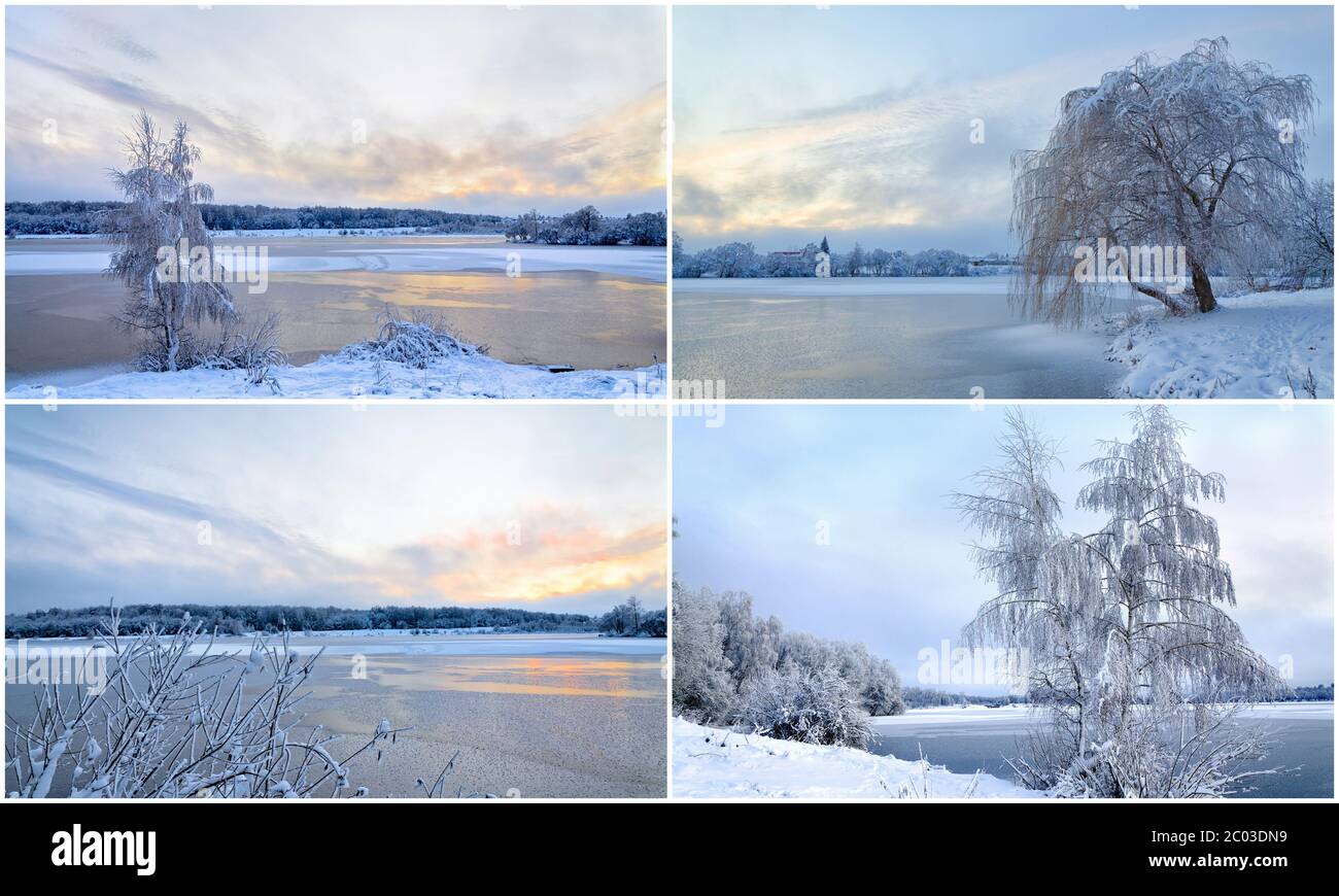 Paesaggi invernali con alberi in brina, collag Foto Stock