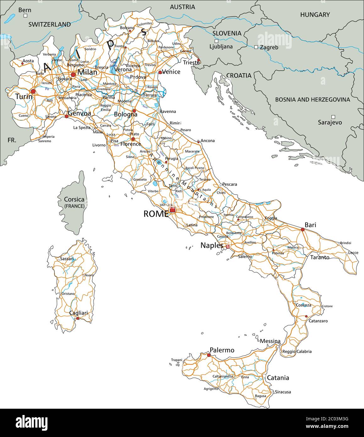 Mappa stradale dettagliata dell'Italia con etichettatura. Illustrazione Vettoriale