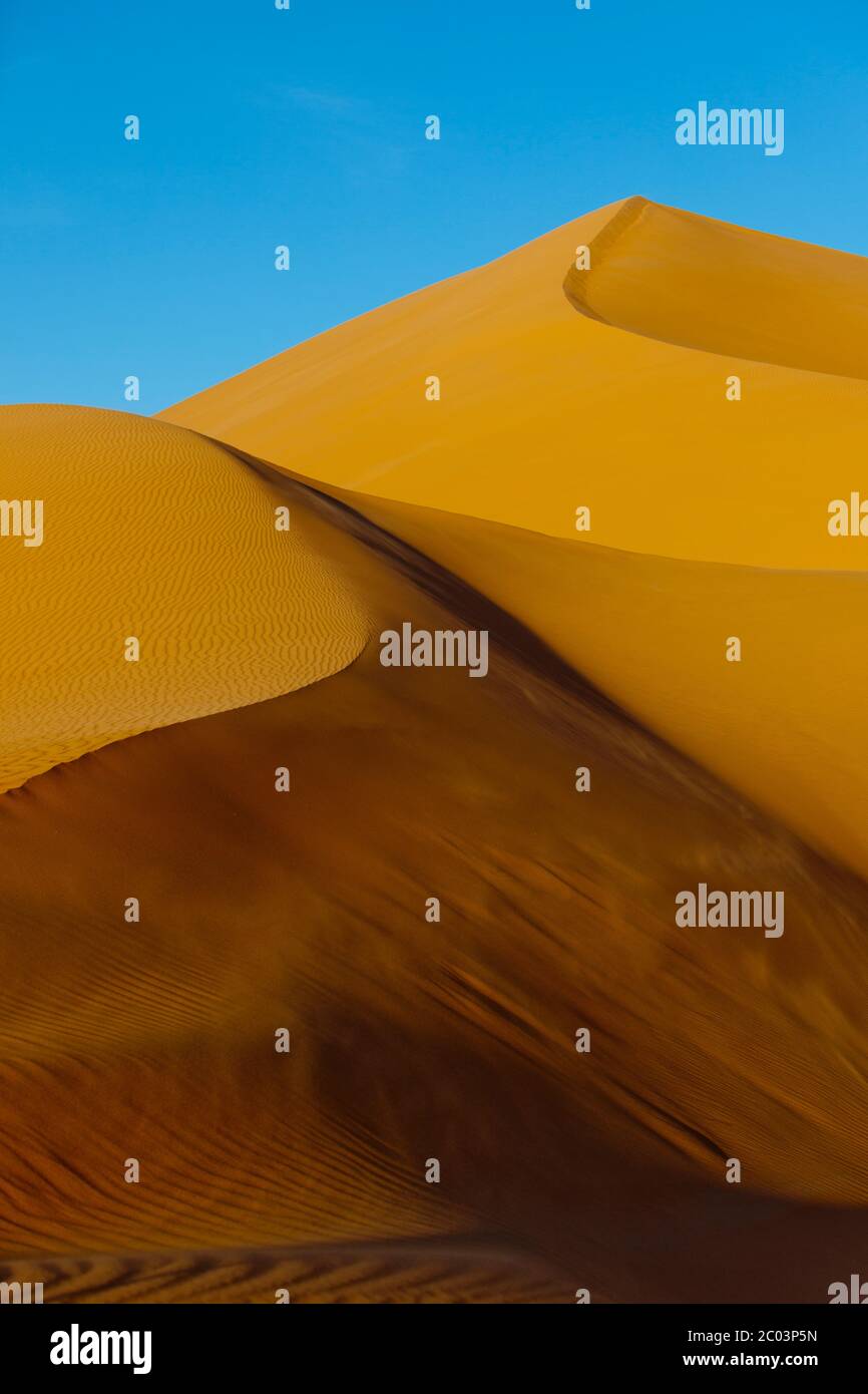 Un vento forte solleva la sabbia sul bordo di una grande duna. Dune di sabbia nel deserto del Sahara, Nord Africa. Foto Stock