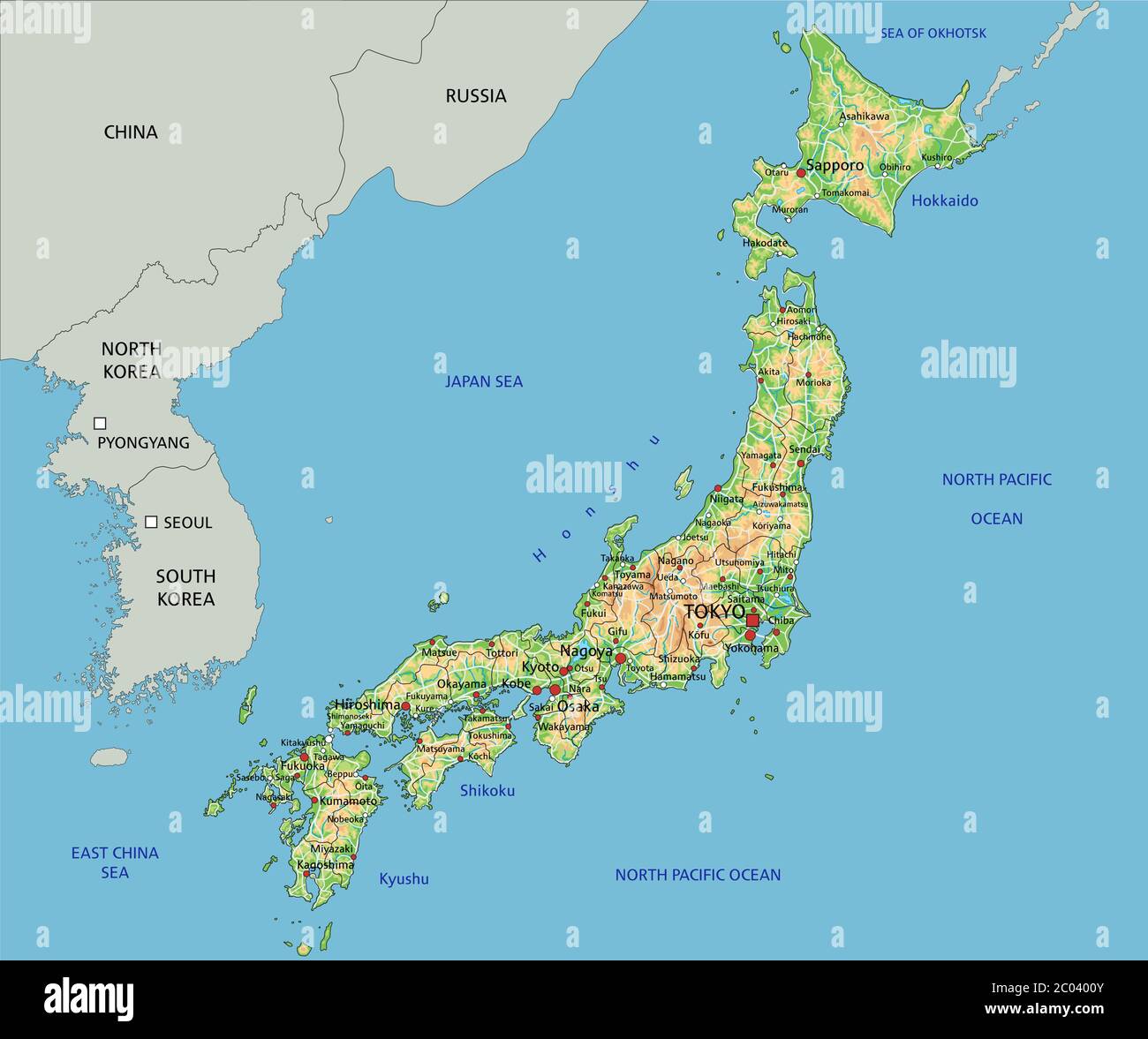 Mappa fisica del Giappone dettagliata Immagine e Vettoriale - Alamy
