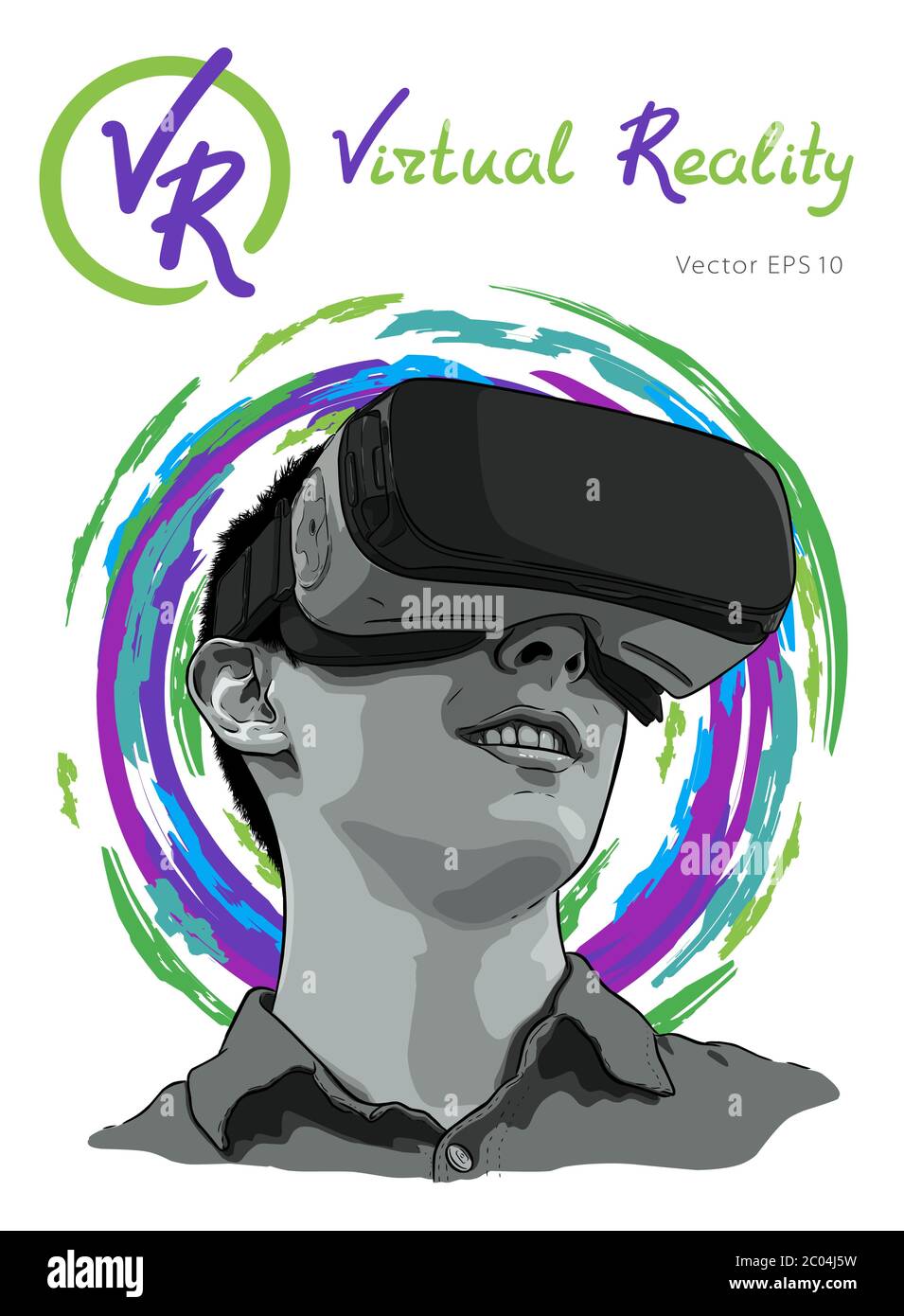 Uomo che indossa la realtà virtuale gli occhiali. Disegnata a mano illustrazione vettoriale, schizzo Illustrazione Vettoriale