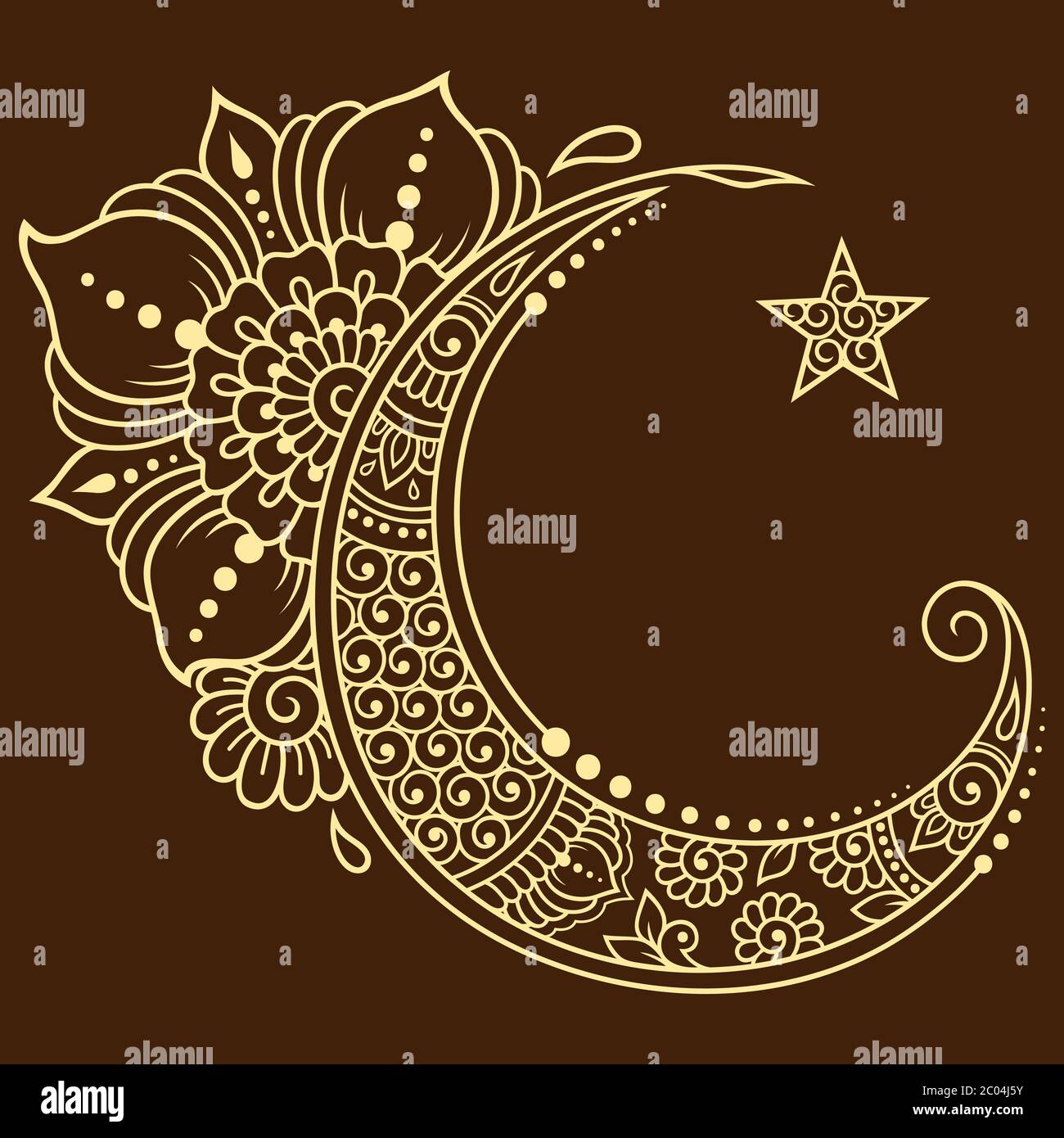 Simbolo religioso islamico della Stella e della Mezzaluna con fiore in stile mehndi. Segno decorativo per la produzione e tatuaggi. Significante musulmano orientale. Illustrazione Vettoriale
