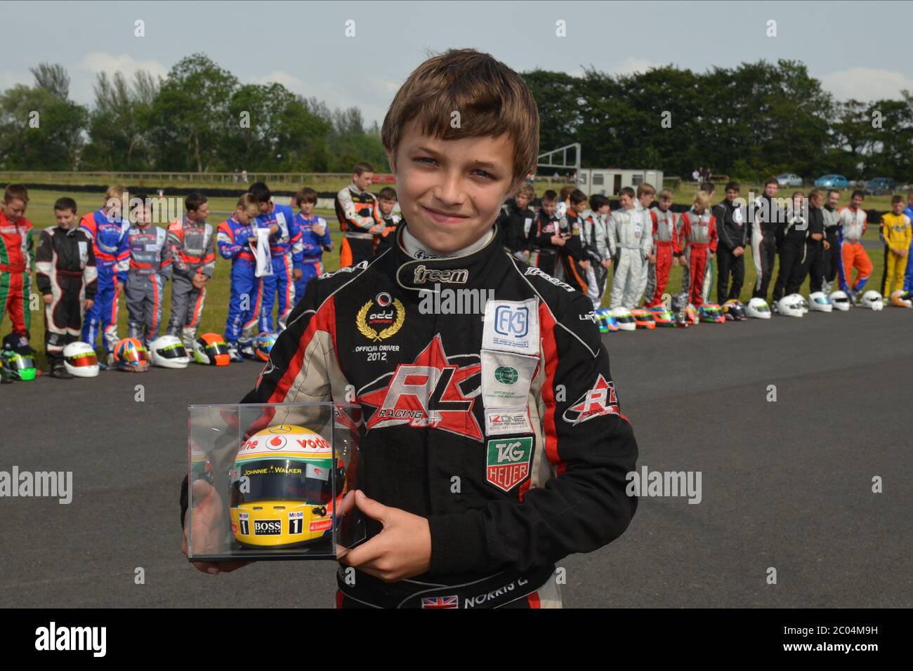 Lando ha vinto il premio Lewis Hamilton hard Charger Award al rounnd 2012 Formula Kart Stars al Nutts Corner in Irlanda del Nord. Foto Stock
