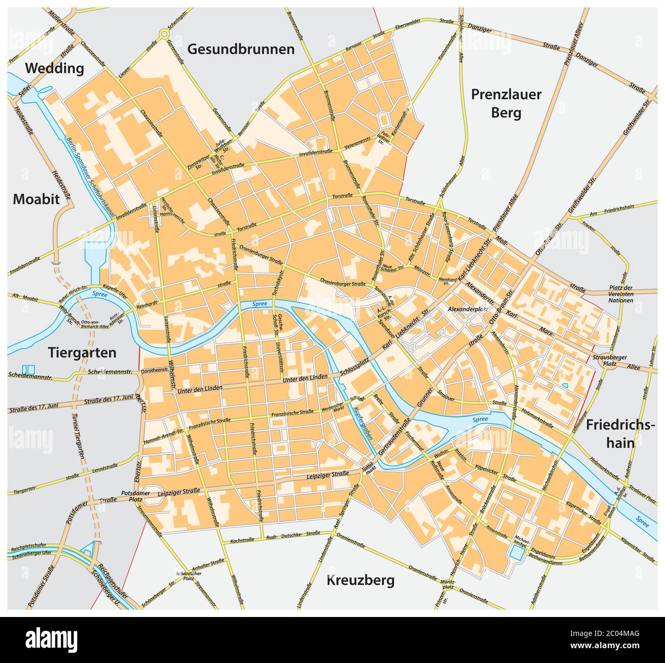 Mappa stradale vettoriale del quartiere Mitte di Berlino, Germania Illustrazione Vettoriale