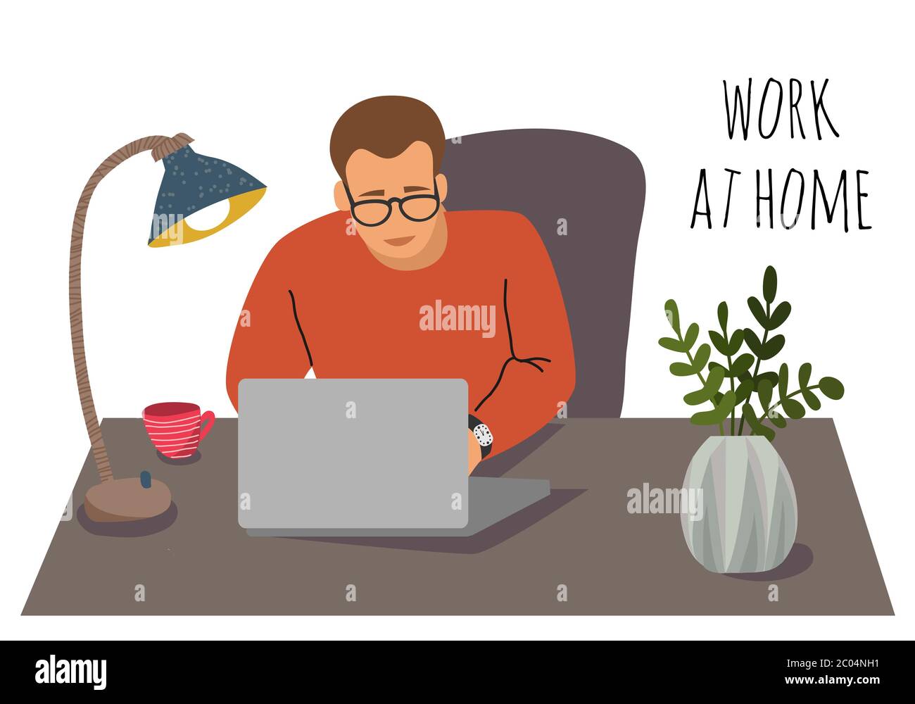 Illustrazione vettoriale con l'uomo che lavora a casa. Concetto di autoisolamento durante la quarantena Illustrazione Vettoriale