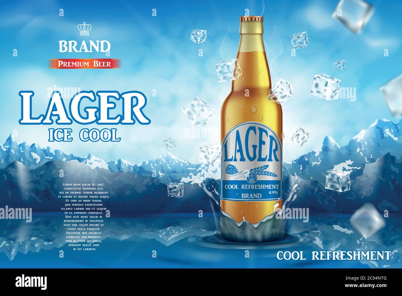 Annunci di birra chiara lager. Birra di qualità realistica in bottiglia di vetro su cubetti di ghiaccio e fondo di montagna innevata. Illustrazione vettoriale 3d Illustrazione Vettoriale