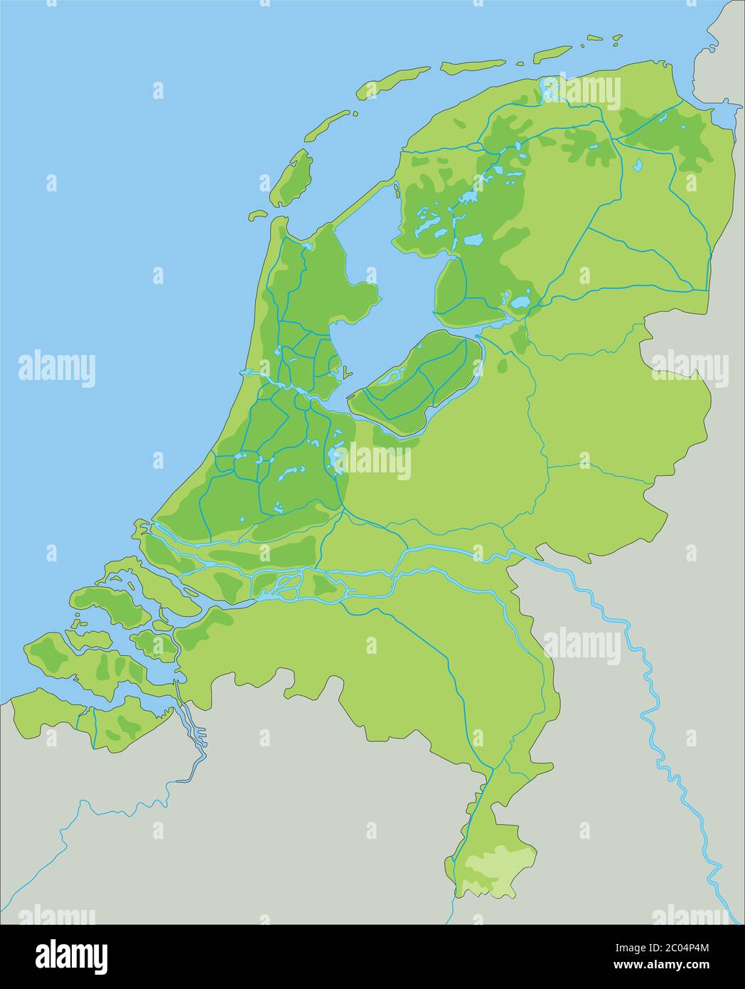 Mappa fisica Paesi Bassi dettagliata. Illustrazione Vettoriale