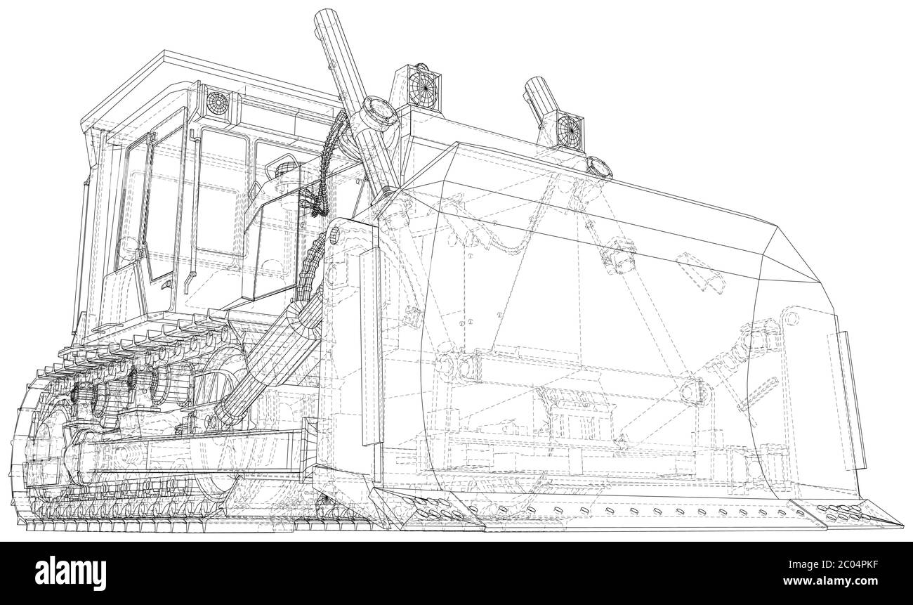 Costruzione del vettore di illustrazione bulldozer. Linea filo-telaio isolata. Rendering vettoriale di 3d. Illustrazione Vettoriale