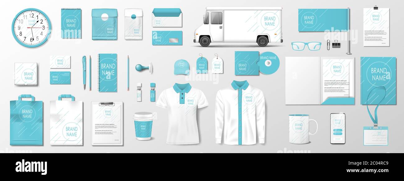 Modello di identità aziendale con elementi di colore MINT. Realistic Business Stationery mockup con astratto design geometrico per il vostro marchio. Vettore Illustrazione Vettoriale