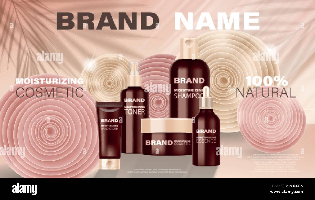 Crema cosmetica, shampoo, sapone liquido, spray, lozione bottiglietta annunci. Design del pacchetto di prodotti cosmetici per la pubblicità di poster. Elegante banner con morbido Illustrazione Vettoriale