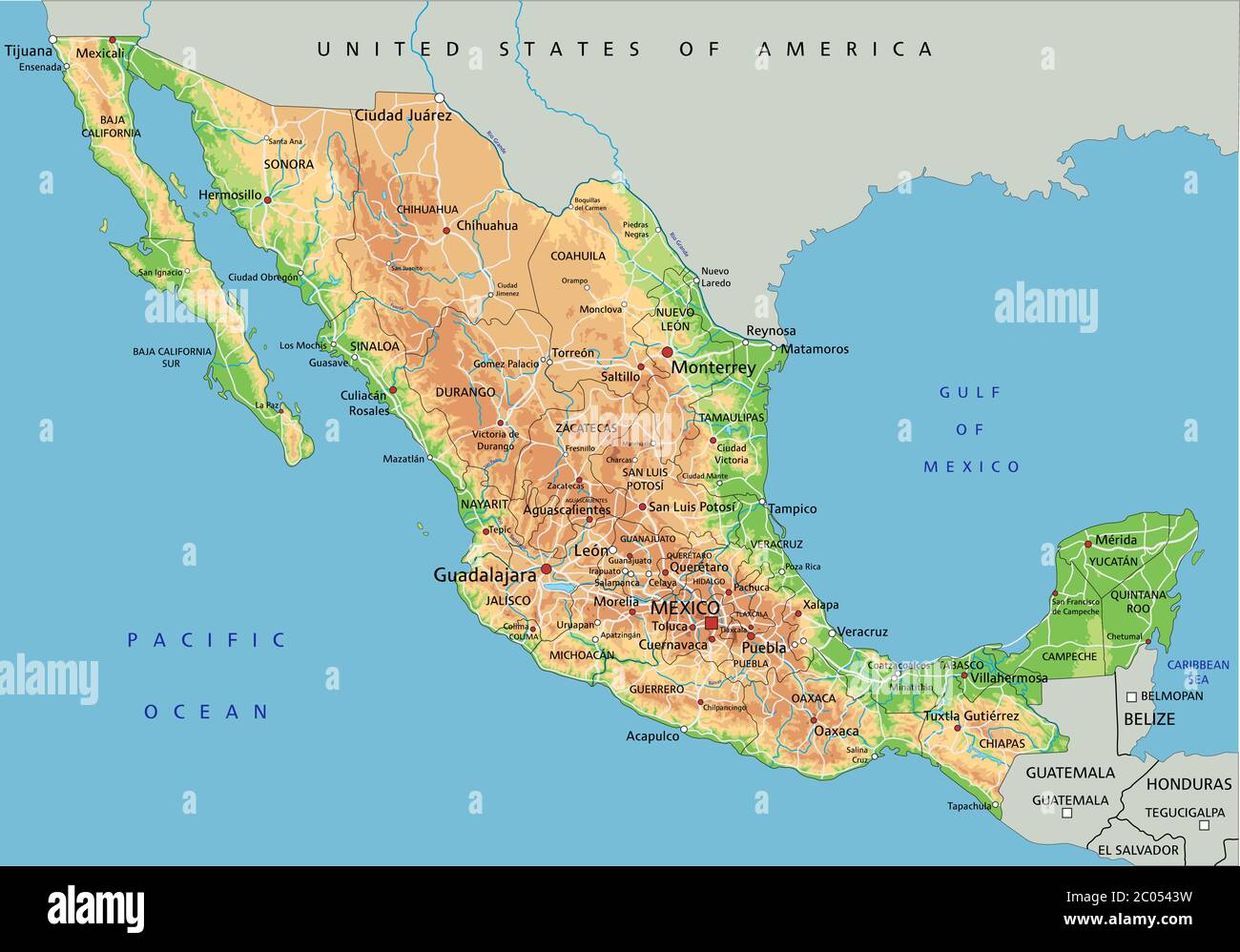 Mappa fisica del Messico con alta dettaglio con etichettatura. Illustrazione Vettoriale