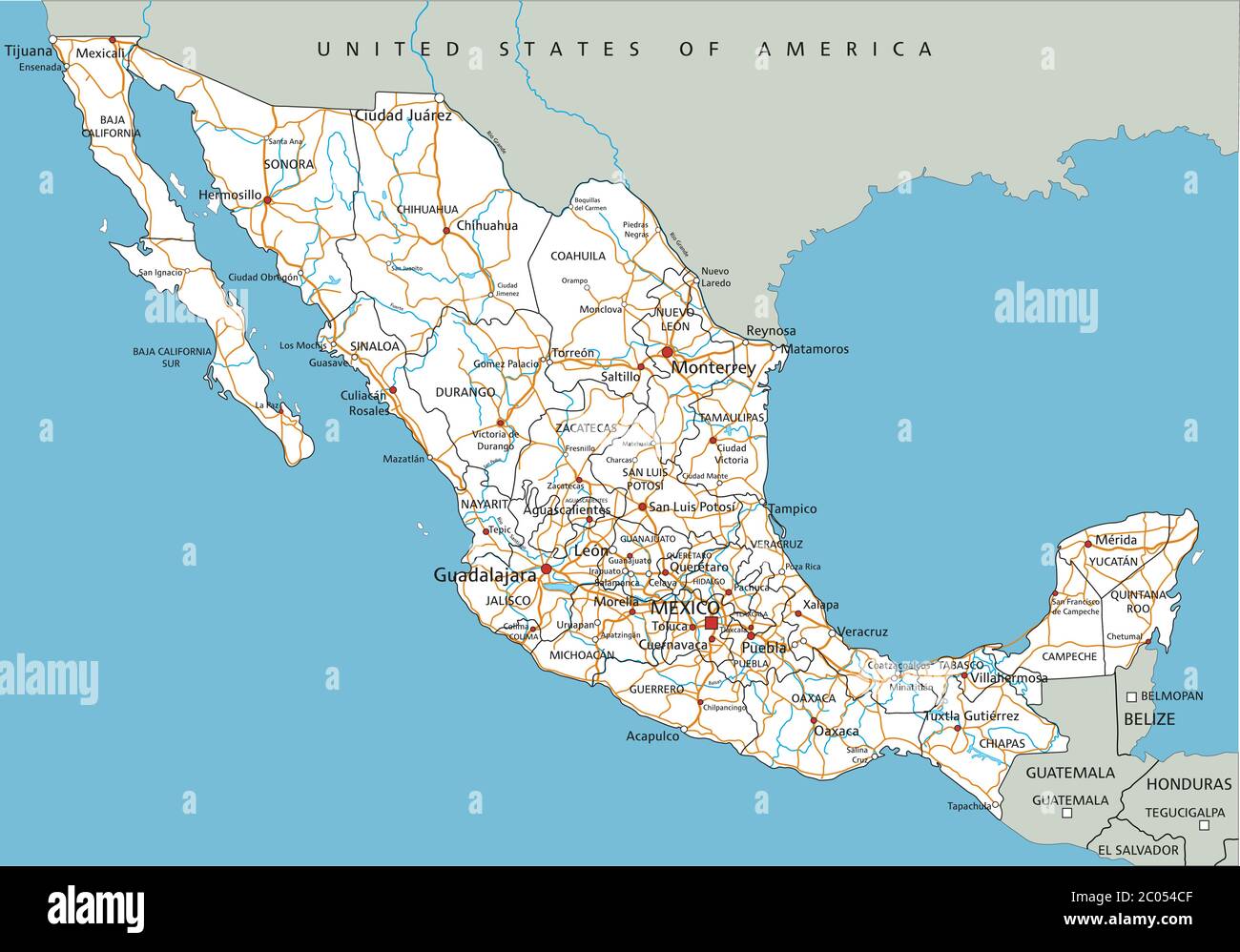 Mappa stradale dettagliata del Messico con etichettatura. Illustrazione Vettoriale
