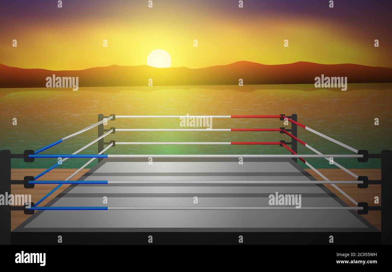 anello di boxe all'aperto sul pavimento in legno sulla spiaggia Illustrazione Vettoriale