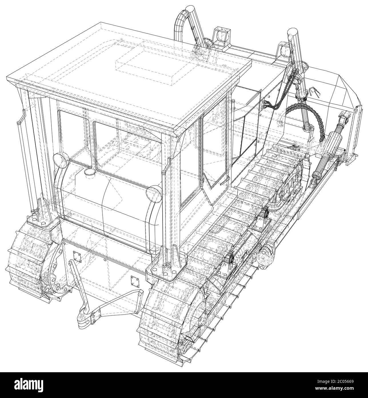 Potente apripista idraulico. Telaio a filo. Trasporto dell'illustrazione del vettore del veicolo. I livelli delle linee visibili e invisibili sono separati. Formato EPS10 Illustrazione Vettoriale