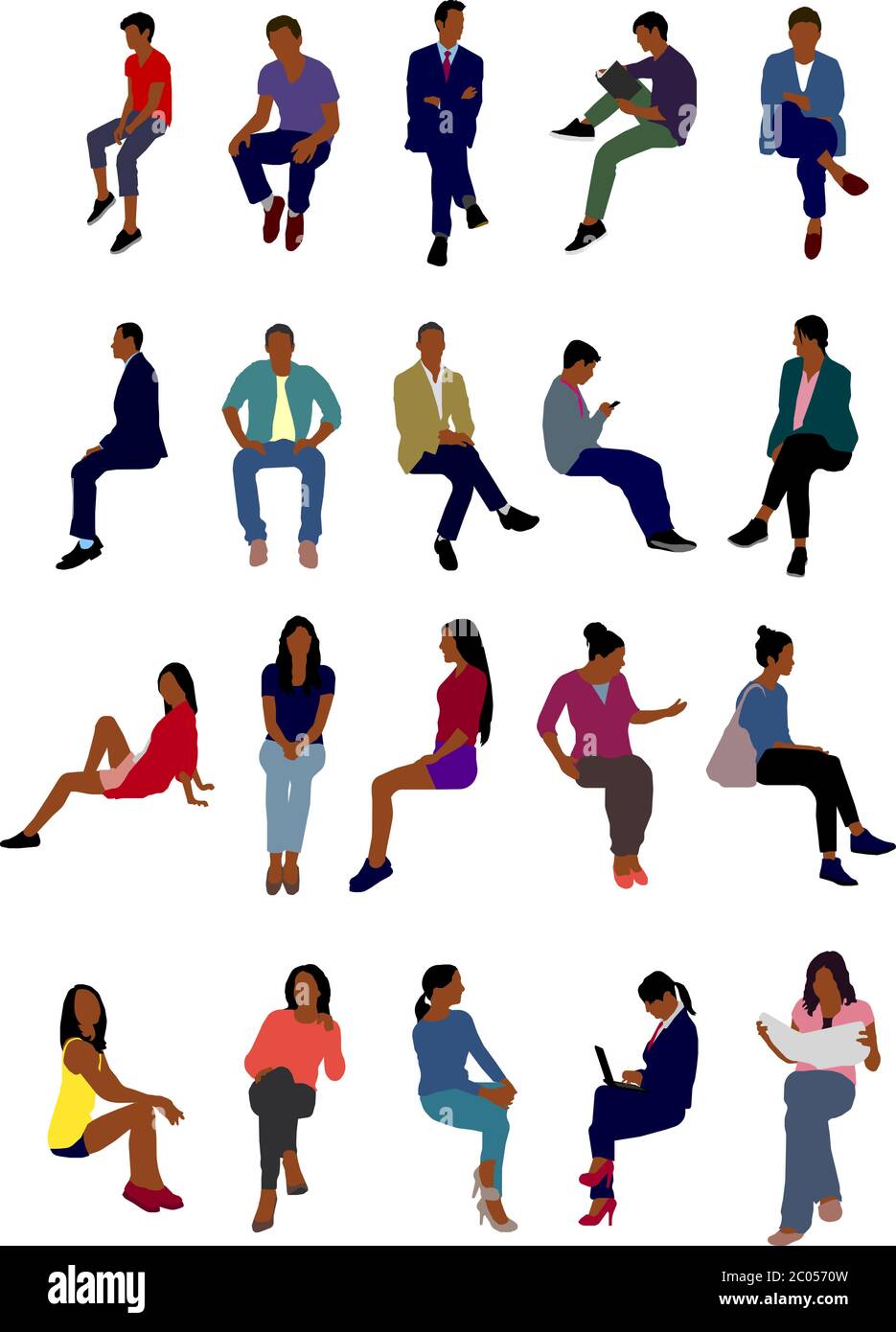 Set di illustrazioni vettoriali piatte per persone in posizione seduta (persone nere) Illustrazione Vettoriale