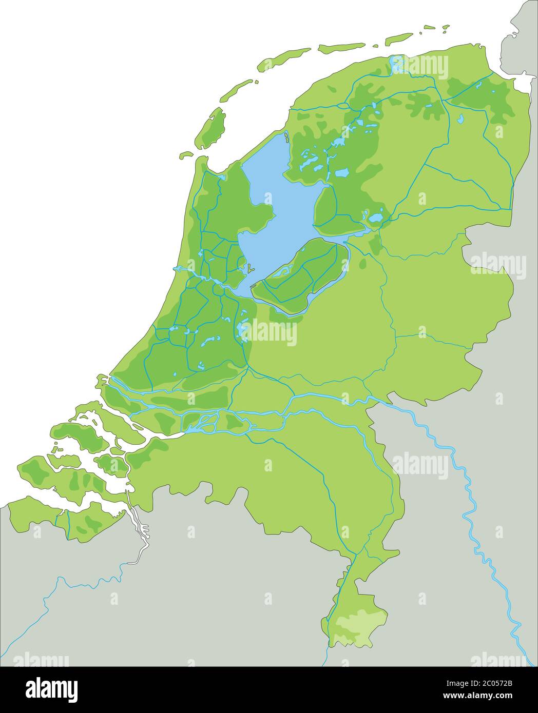Mappa fisica Paesi Bassi dettagliata. Illustrazione Vettoriale
