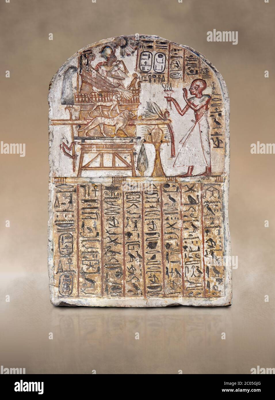 Antica stele egizia di Amenemope dedicata ad Amenhotep i e Ahmose-Nefertari, calcare, nuovo Regno, XIX dinastia, (1279-1213 a.C.), Deir el-Medin Foto Stock