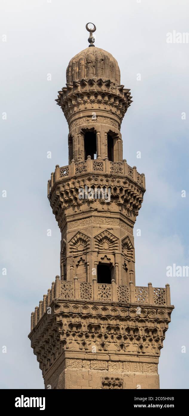 Dettaglio di minareto di Khanqah di Qausun, il Cairo, Egitto Foto Stock
