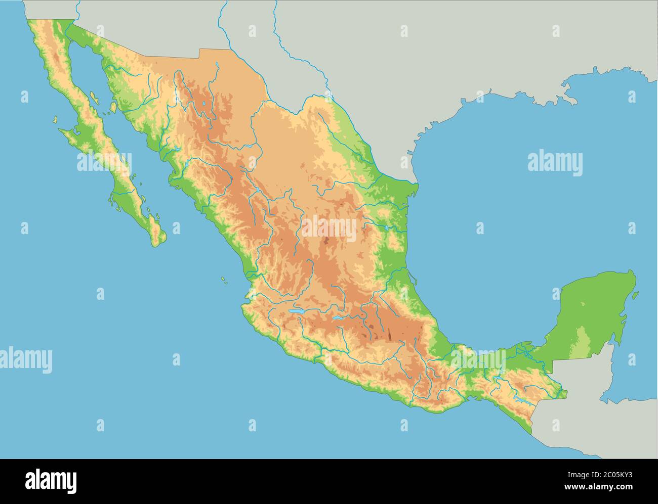 Mappa fisica del Messico dettagliata. Illustrazione Vettoriale