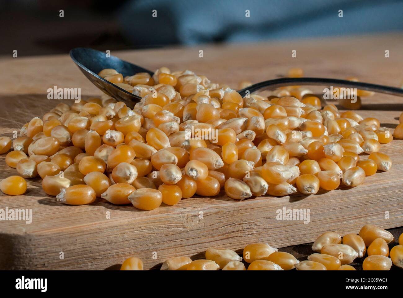 Mais crudo per fare il popcorn su un tavolo di legno e su un cucchiaio Foto Stock