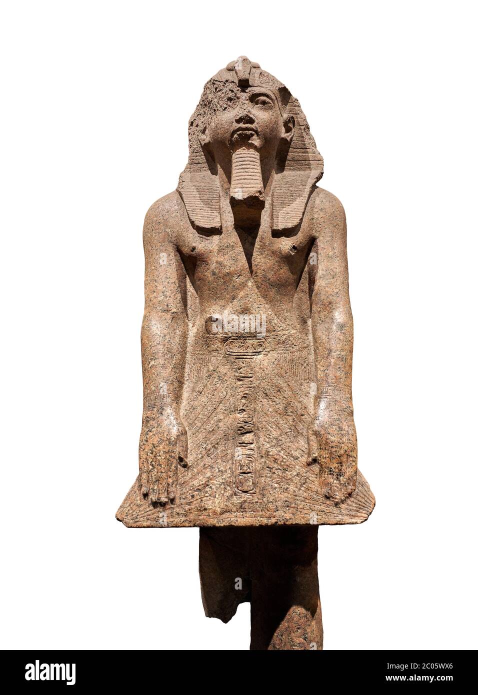 Antica statua egiziana di Ramesse II , granito, nuovo Regno, XVIII dinastia, (1500-1400 a.C., Karnak, Tempio del Muto. Museo Egizio, Torino. Sfondo bianco Foto Stock