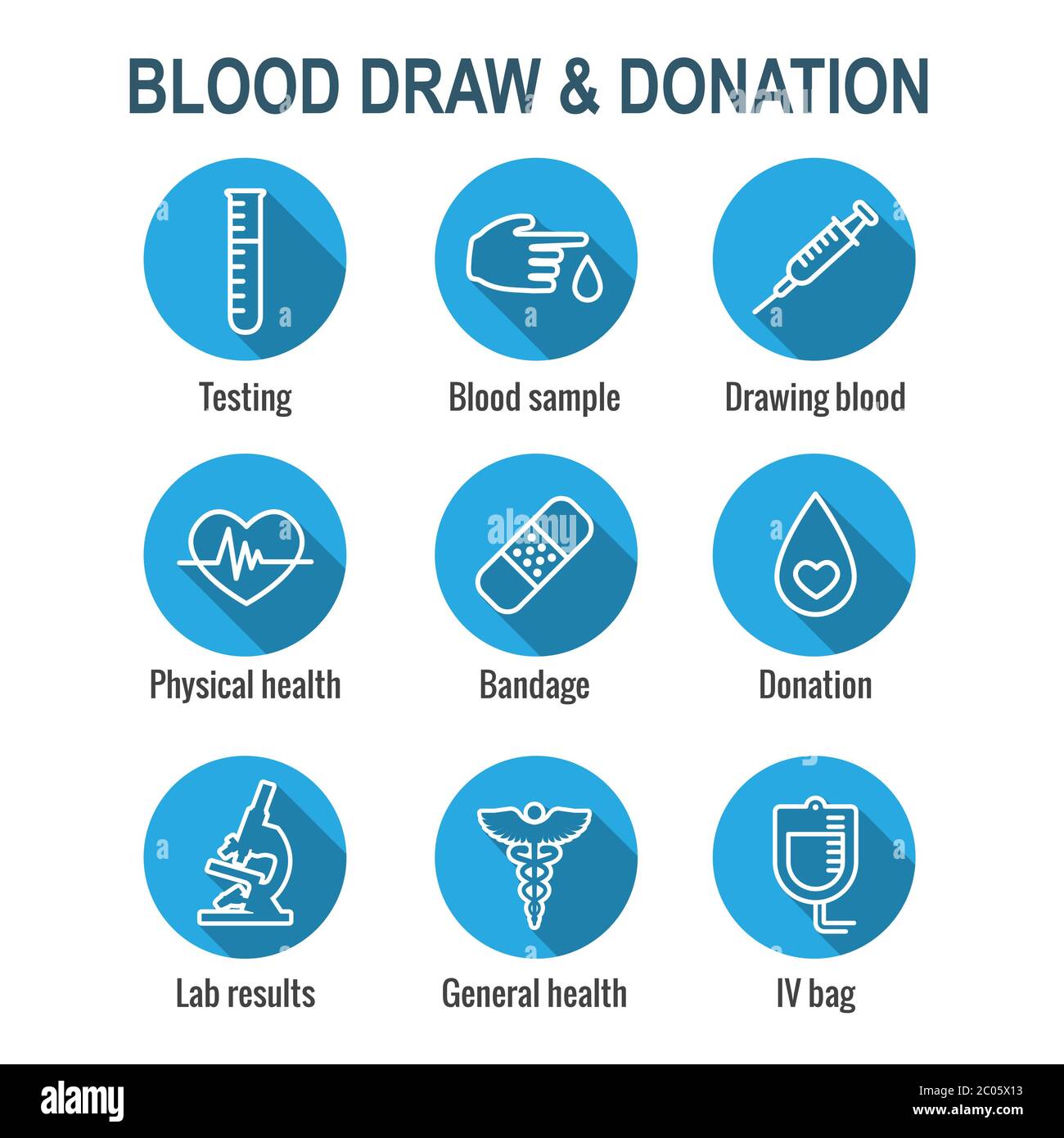 Set di icone per analisi del sangue e lavoro con idee per siringhe, donazioni e campioni di sangue Illustrazione Vettoriale